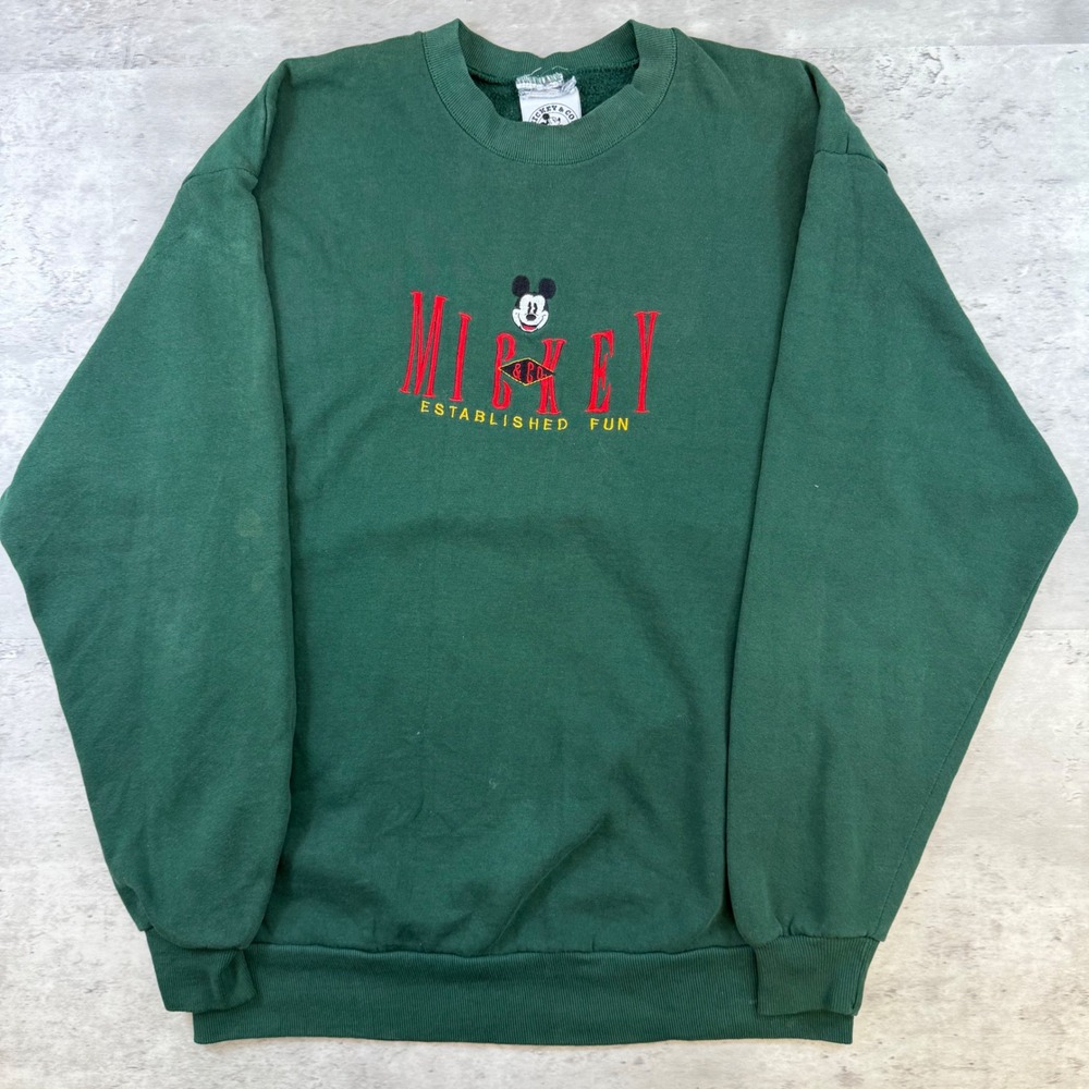 Vintage Mickey & Co Disney Sweatshirt Green Embroidered Crew Neck Large 90s